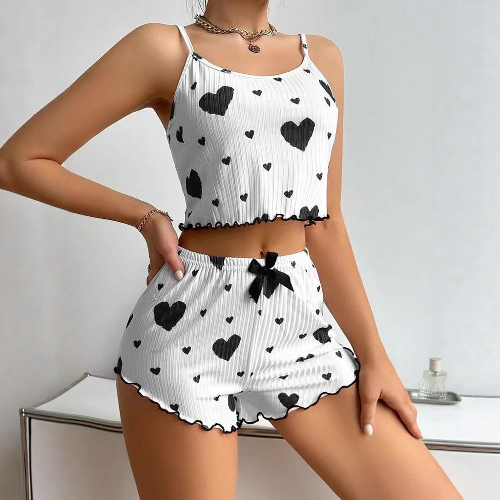 Women’s Two-Piece Love Heart Print Pajamas – Sleeveless Crop Top and Ruffle Shorts Set from Mish Mash Market