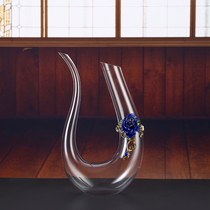 Handmade Enamel Crystal Wine Goblet with Vintage Floral Design and Matching Decanter