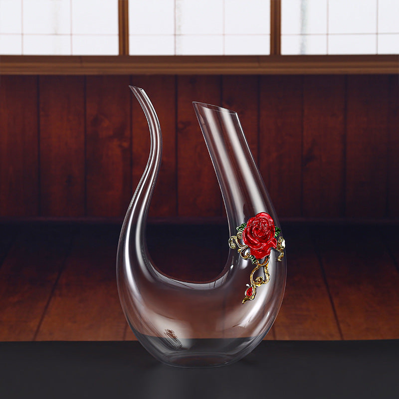 Handmade Enamel Crystal Wine Goblet with Vintage Floral Design and Matching Decanter