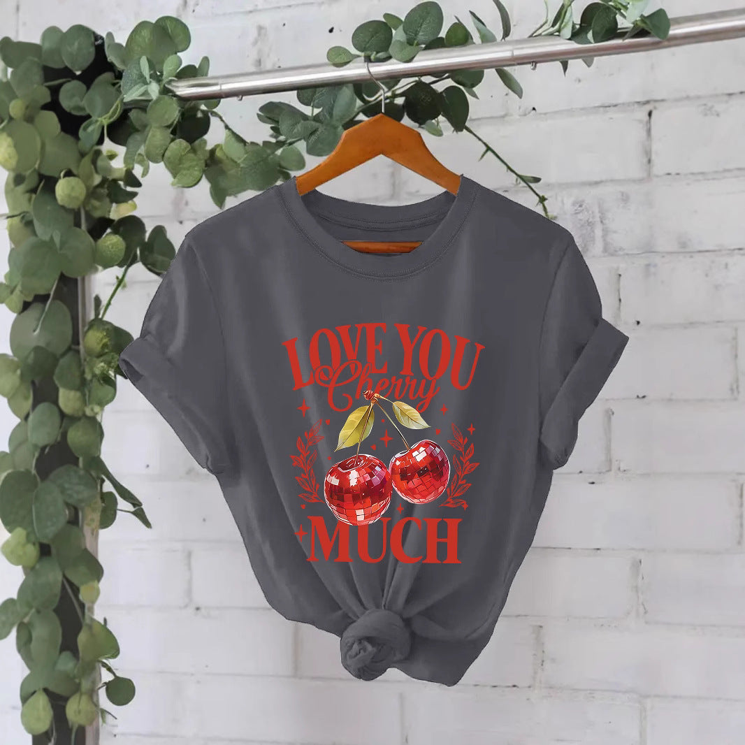 Women’s Cherry Graphic T-Shirt – Love You Cherry Much Short Sleeve Crew Neck Tee