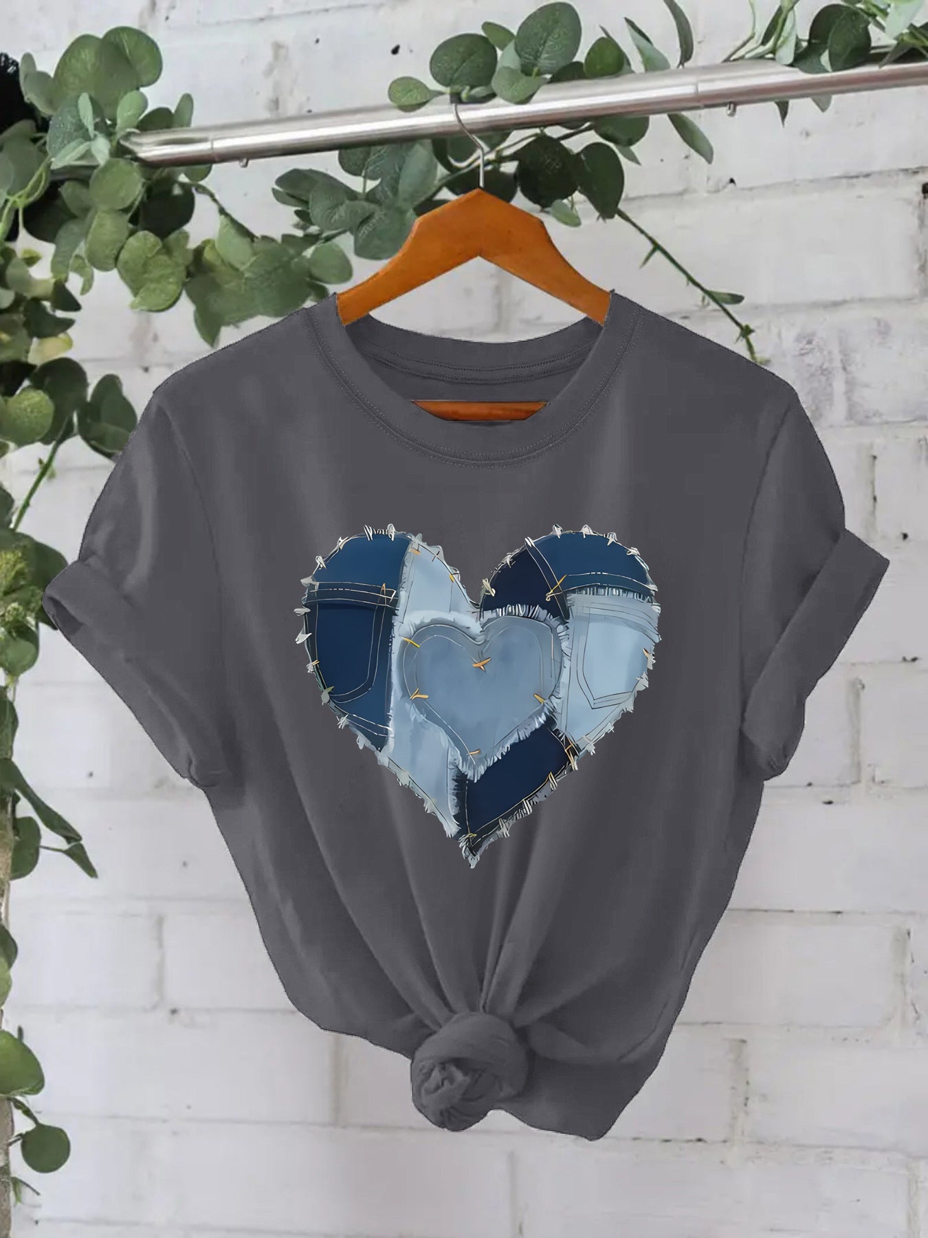 Western Cowboy Heart Graphic T-Shirt - Blue Denim Patch Print Short Sleeve Tee from Mish Mash Market