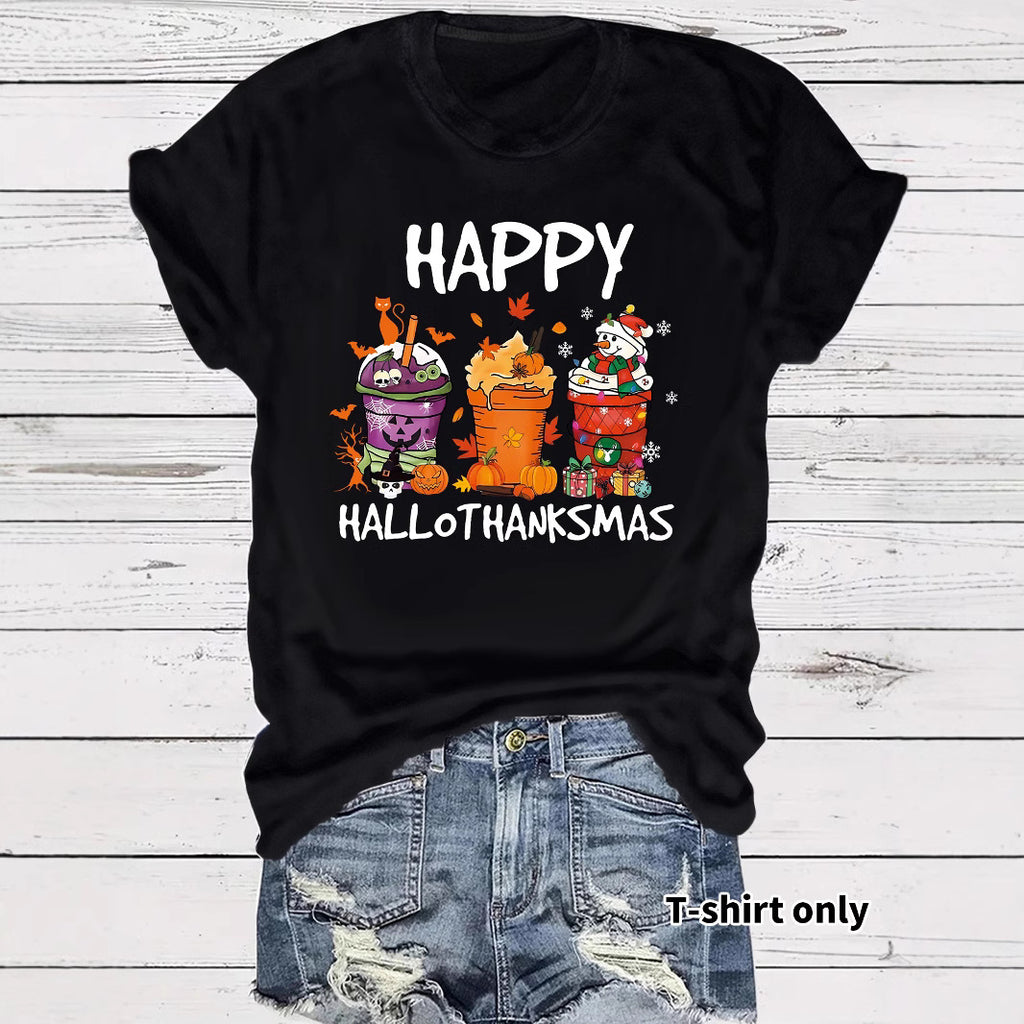 Women's Happy Hallothanksmas T-Shirt – Holiday Graphic Crew Neck Short Sleeve Top from Mish Mash Market