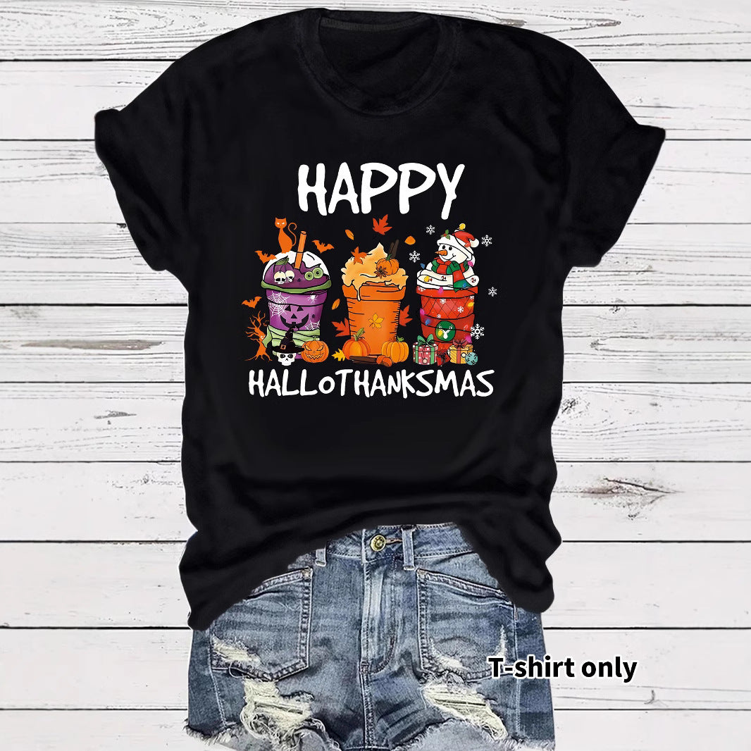 Women's Happy Hallothanksmas T-Shirt – Holiday Graphic Crew Neck Short Sleeve Top from Mish Mash Market