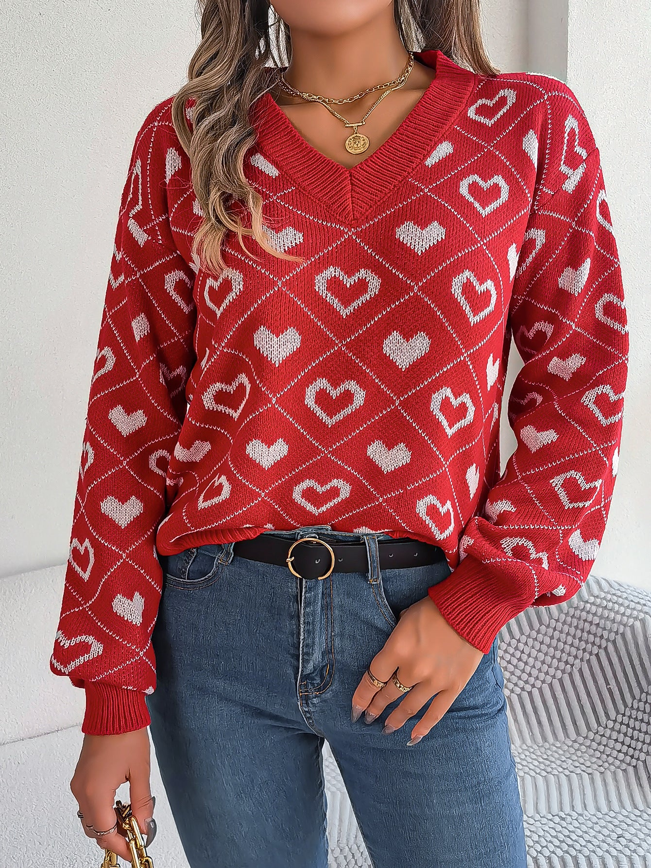 Women’s Long Sleeve V-Neck Love Heart Sweater – Relaxed Fit Lantern Sleeve Knit Top