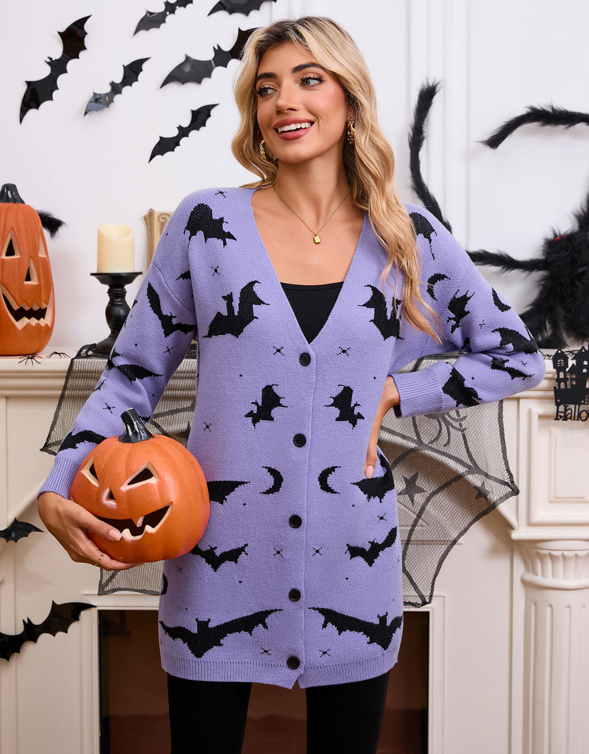 Women's Halloween Bat Jacquard Open-Front Knit Cardigan Sweater from Mish Mash Market