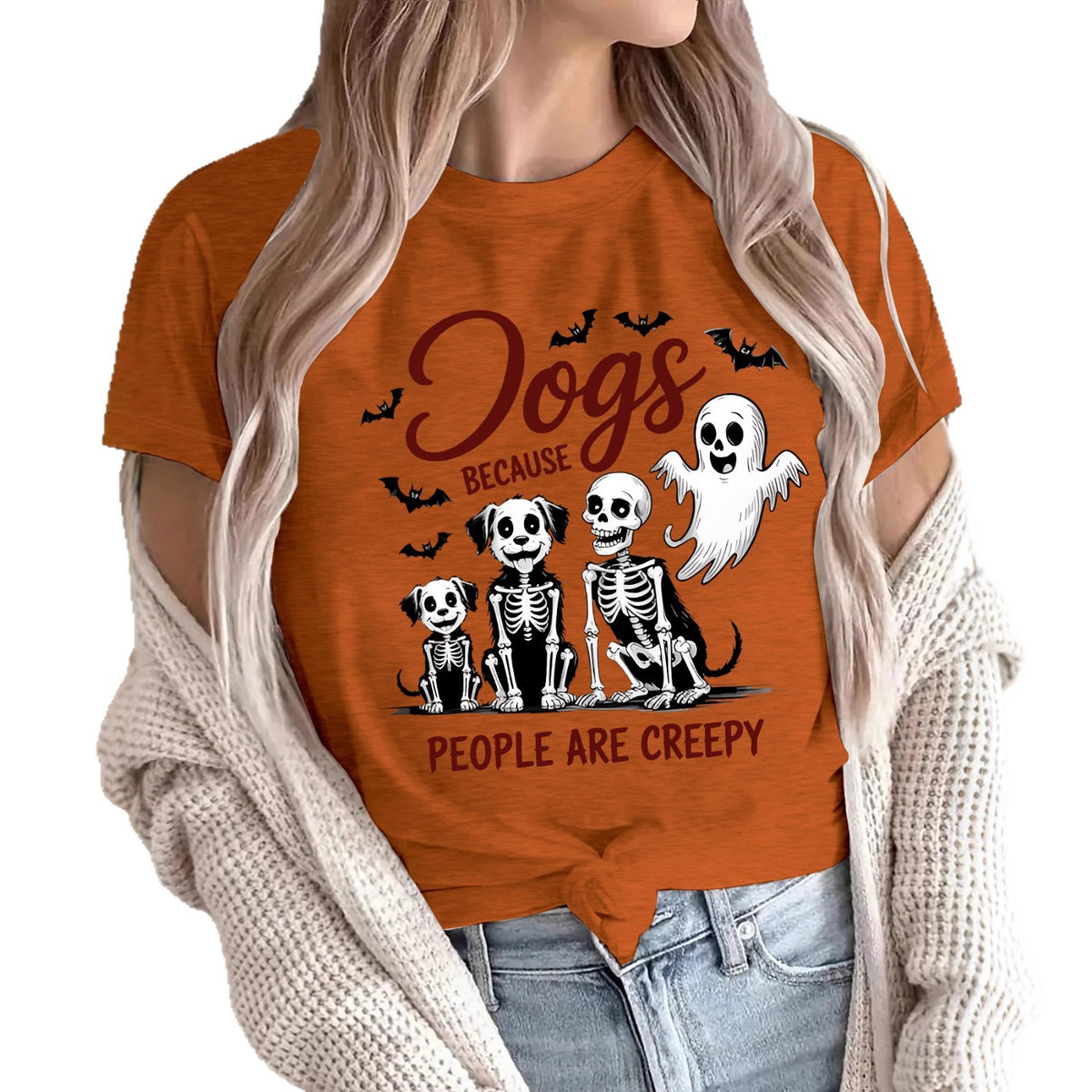 Women's "Dogs Because People Are Creepy" Halloween Printed T-Shirt - Short Sleeve Graphic Tee