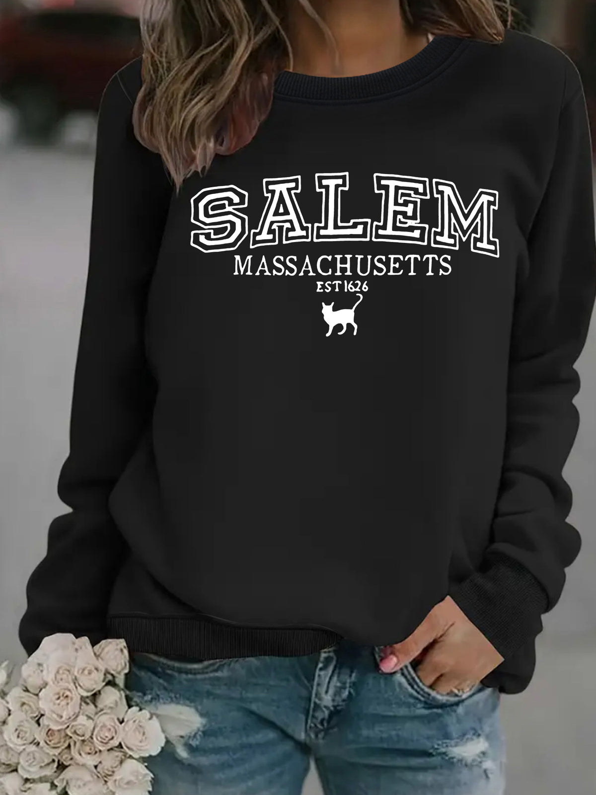 Salem Massachusetts Black Cat Vintage Graphic Sweatshirt from Mish Mash Market
