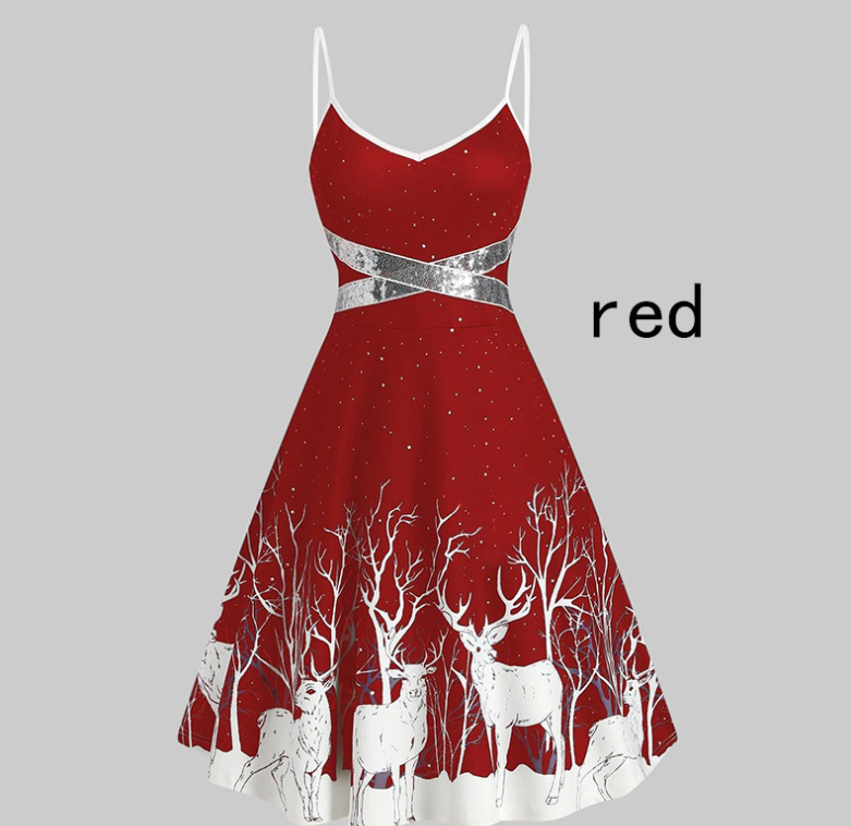 Women's Christmas Deer Print A-Line Dress with Silver Accent Trim