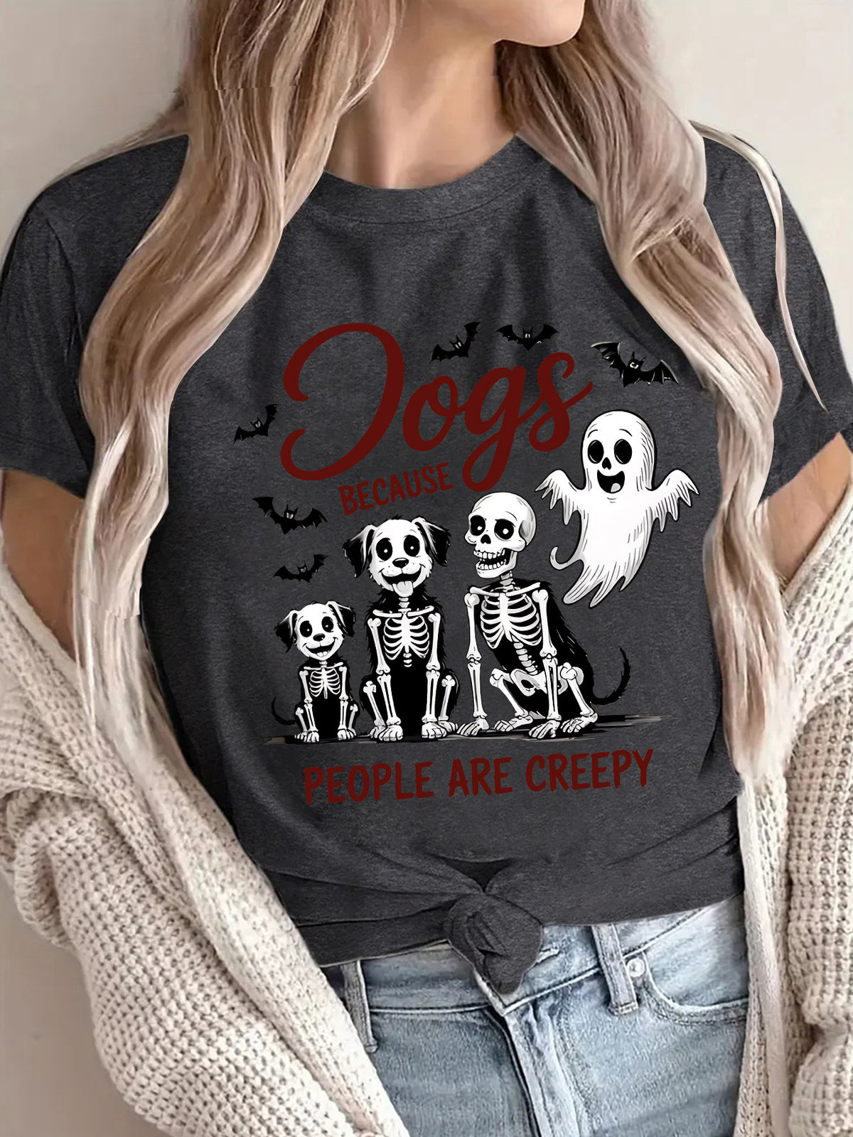 Women's "Dogs Because People Are Creepy" Halloween Printed T-Shirt - Short Sleeve Graphic Tee