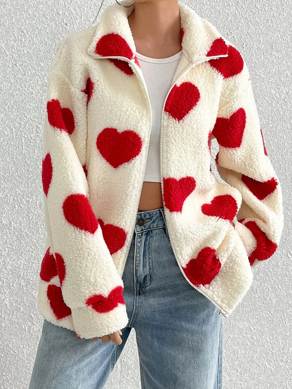 Women’s Long Sleeve Love Heart Print Zipper Cardigan Jacket – Relaxed Fit Fall Outerwear from Mish Mash Market