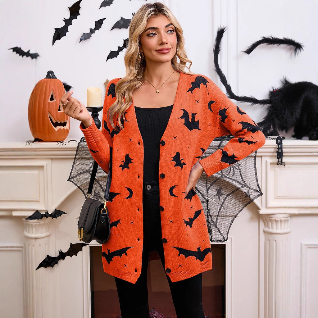 Women's Halloween Bat Jacquard Open-Front Knit Cardigan Sweater from Mish Mash Market
