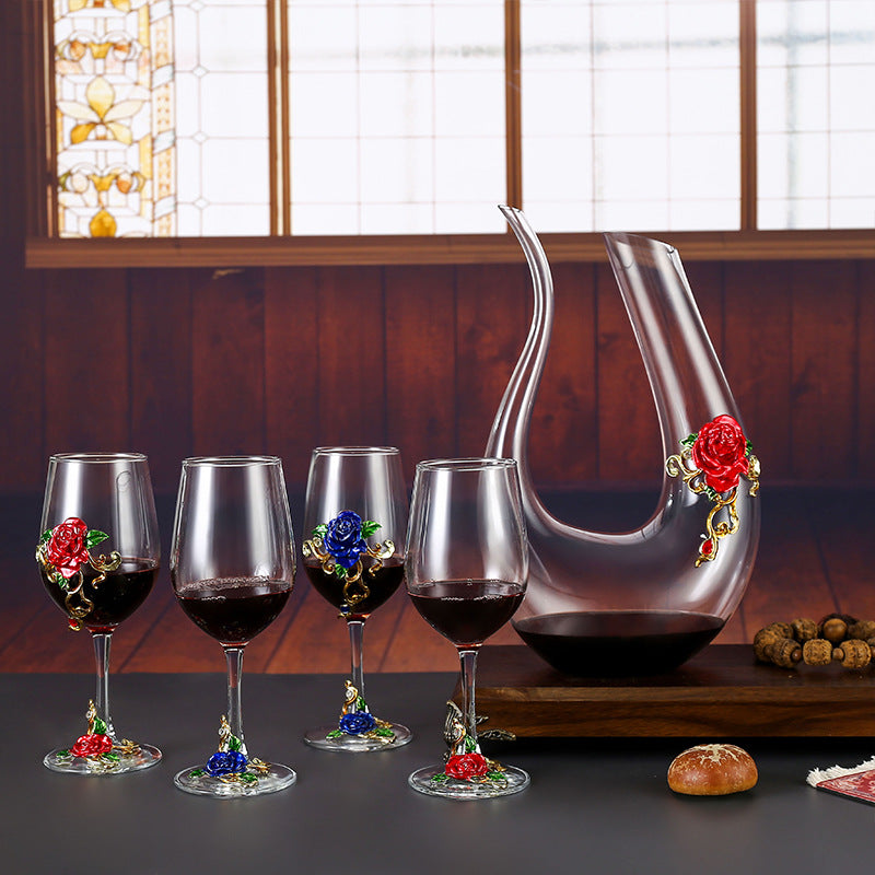 Handmade Enamel Crystal Wine Goblet with Vintage Floral Design and Matching Decanter