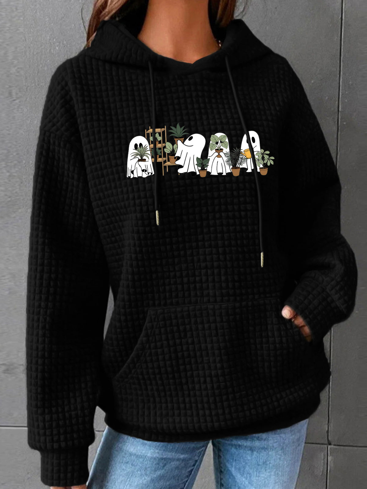 Women's Waffle Knit Halloween Ghost Graphic Hoodie with Kangaroo Pocket from Mish Mash Market