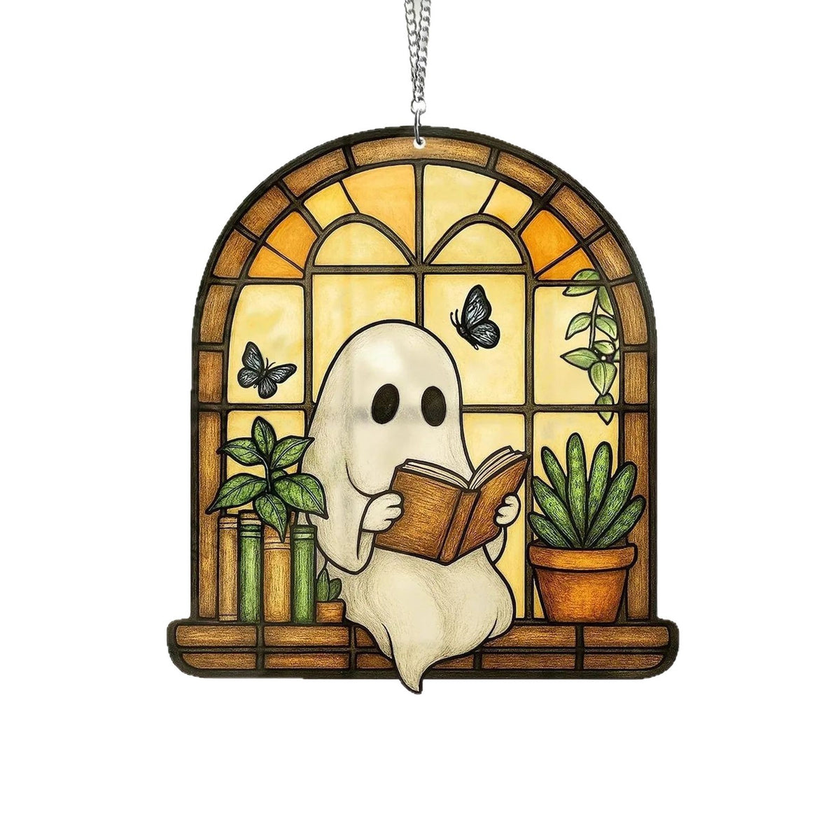 Stained Glass Ghost Reading Light Catcher Hanging Ornament - Halloween Window Decoration from Mish Mash Market