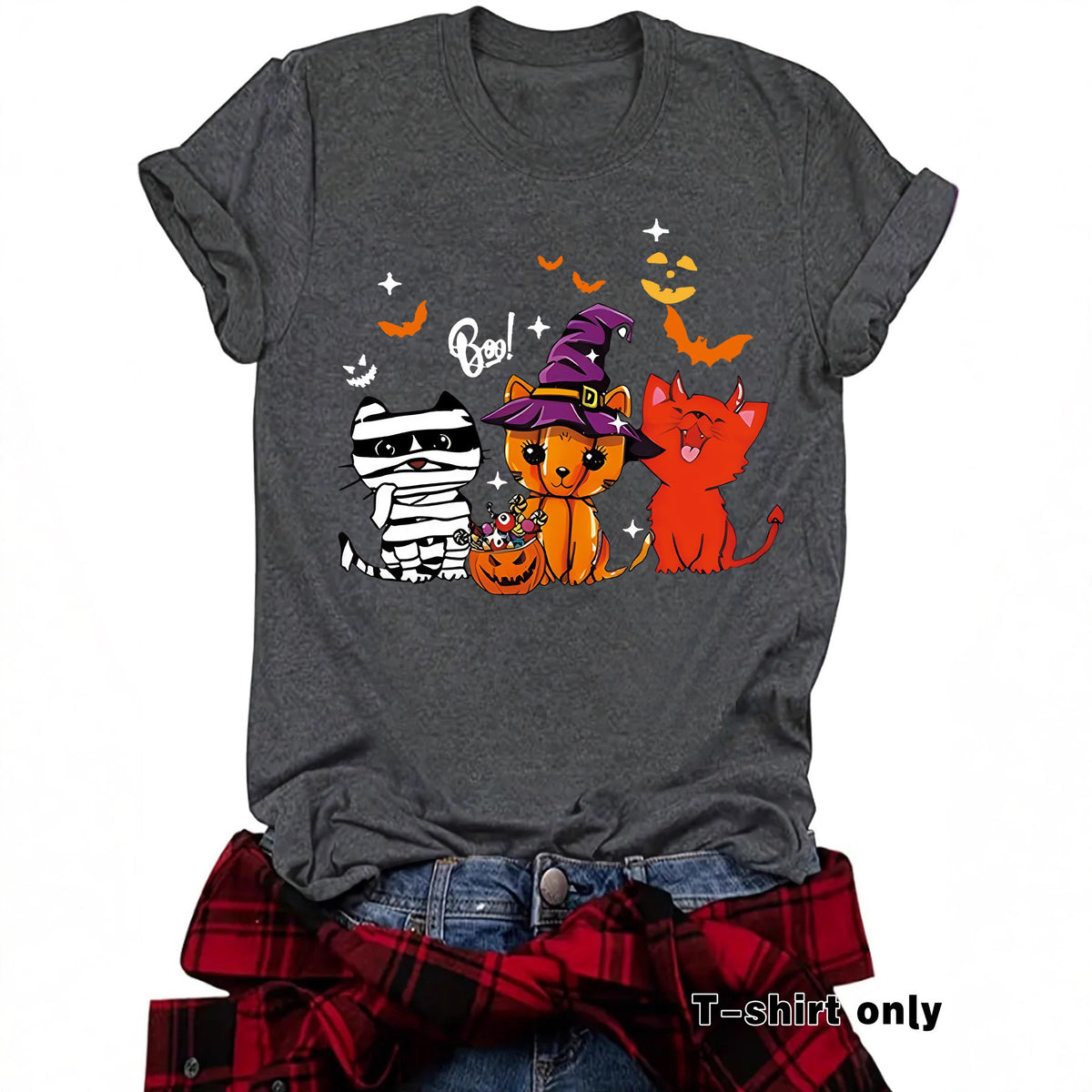 Three Halloween Cats Graphic Short Sleeve T-Shirt from Mish Mash Market