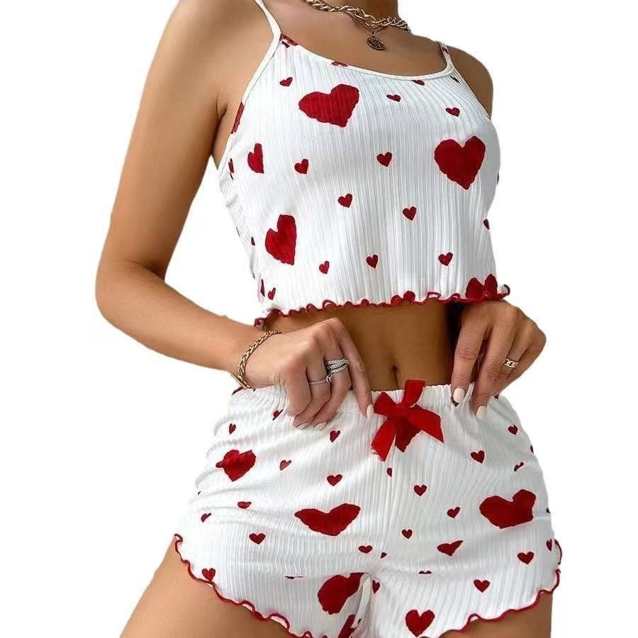 Women’s Two-Piece Love Heart Print Pajamas – Sleeveless Crop Top and Ruffle Shorts Set from Mish Mash Market