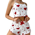 Women’s Two-Piece Love Heart Print Pajamas – Sleeveless Crop Top and Ruffle Shorts Set from Mish Mash Market