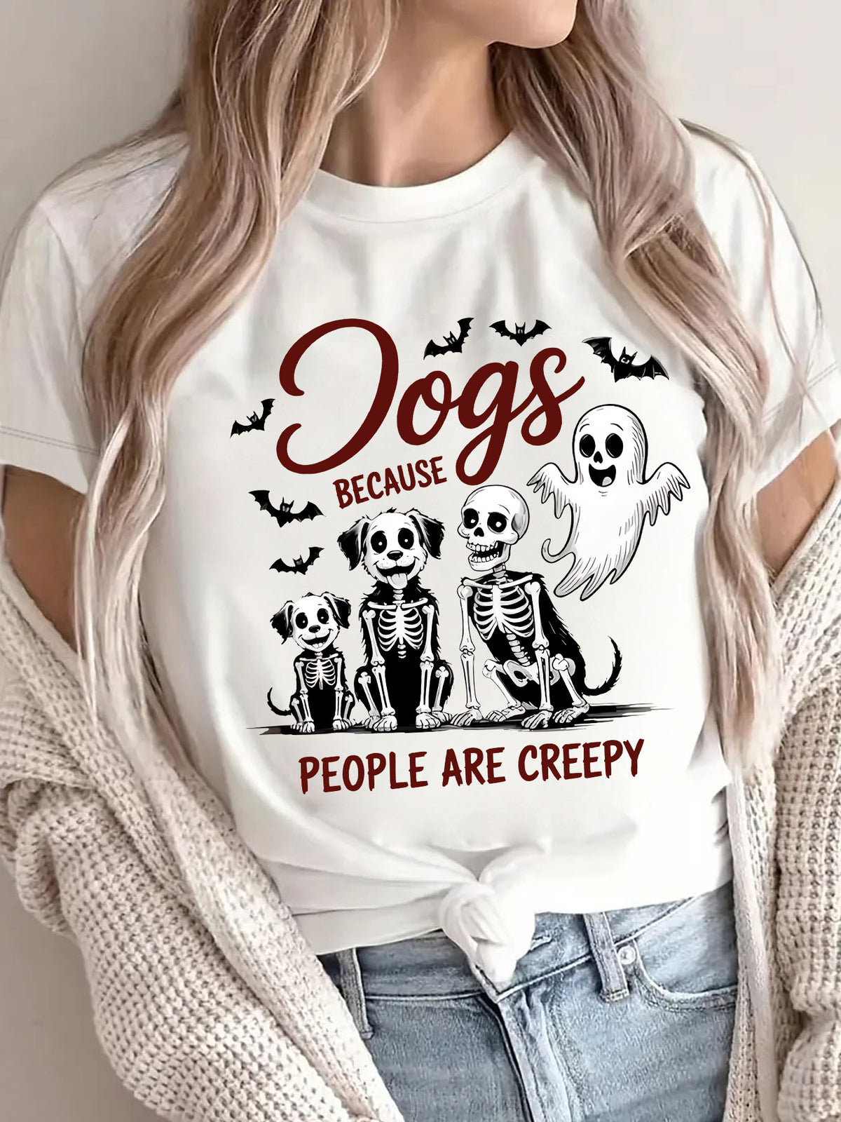 Women's "Dogs Because People Are Creepy" Halloween Printed T-Shirt - Short Sleeve Graphic Tee