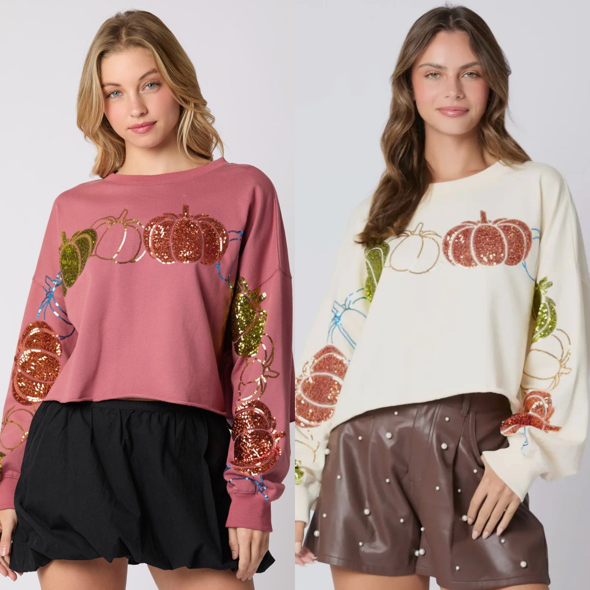Women's Sequined Pumpkin Loose Fit Long Sleeve Pullover Sweatshirt from Mish Mash Market