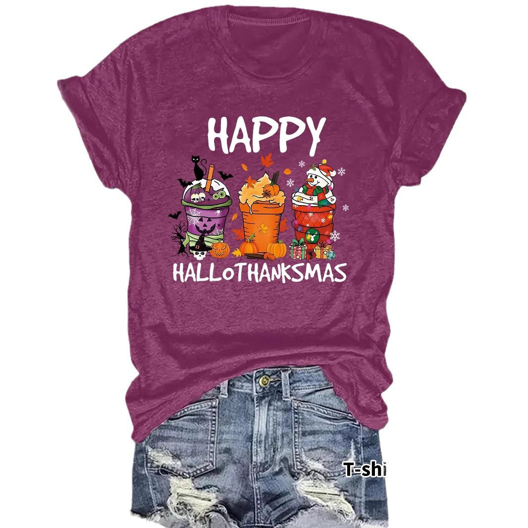 Women's Happy Hallothanksmas T-Shirt – Holiday Graphic Crew Neck Short Sleeve Top from Mish Mash Market