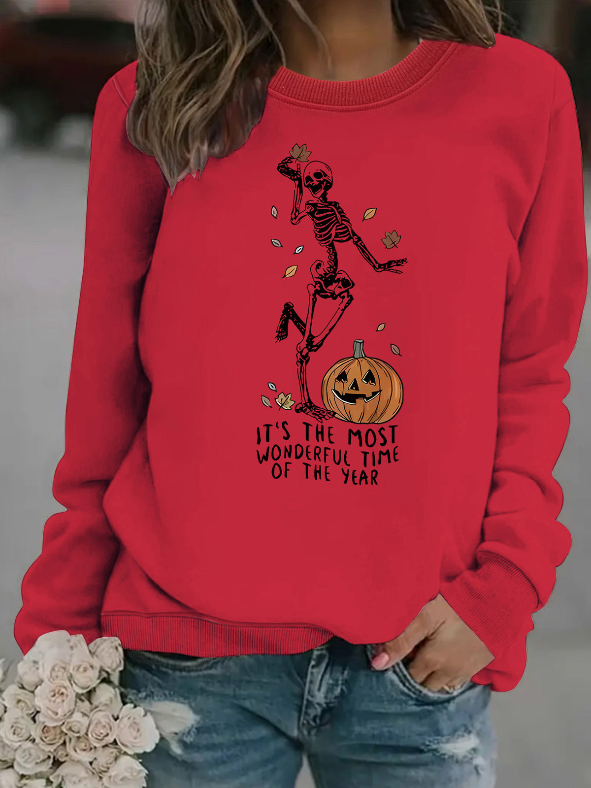 Pumpkin Skull Halloween Sweatshirt - Skeleton Graphic Print Pullover from Mish Mash Market