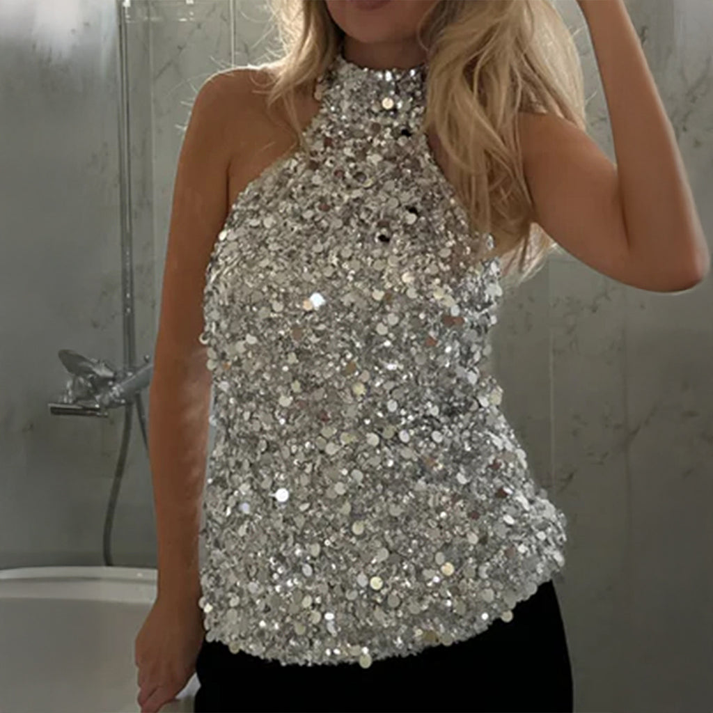 Women’s Sparkling Sequin Halter Top - Sleeveless High Neck Party Blouse from Mish Mash Market