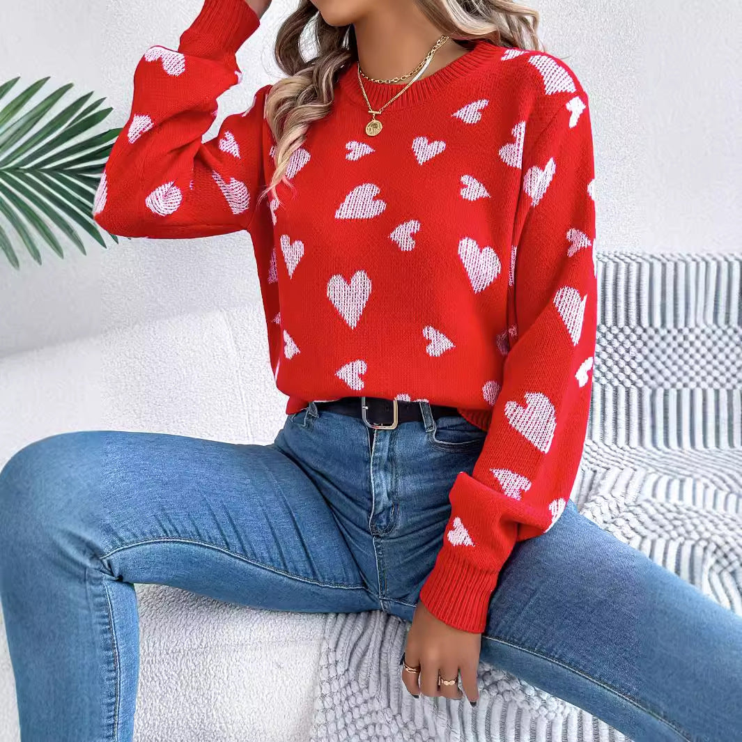 Women's Color-Blocked Love Heart Knit Sweater – Long Sleeve Lantern Sleeve Pullover