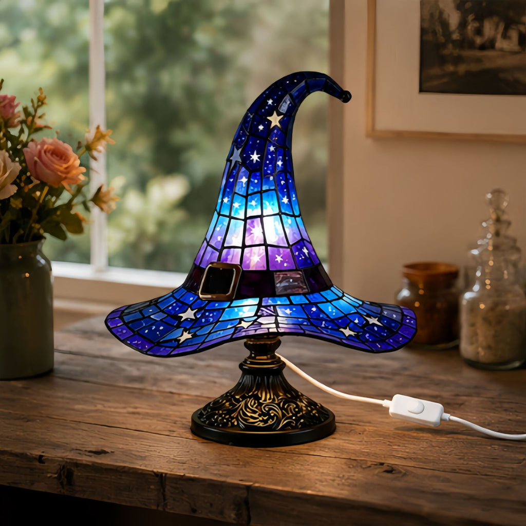 Stained Glass Witch Hat Table Lamp - USB Powered Halloween Resin Decor from Mish Mash Market