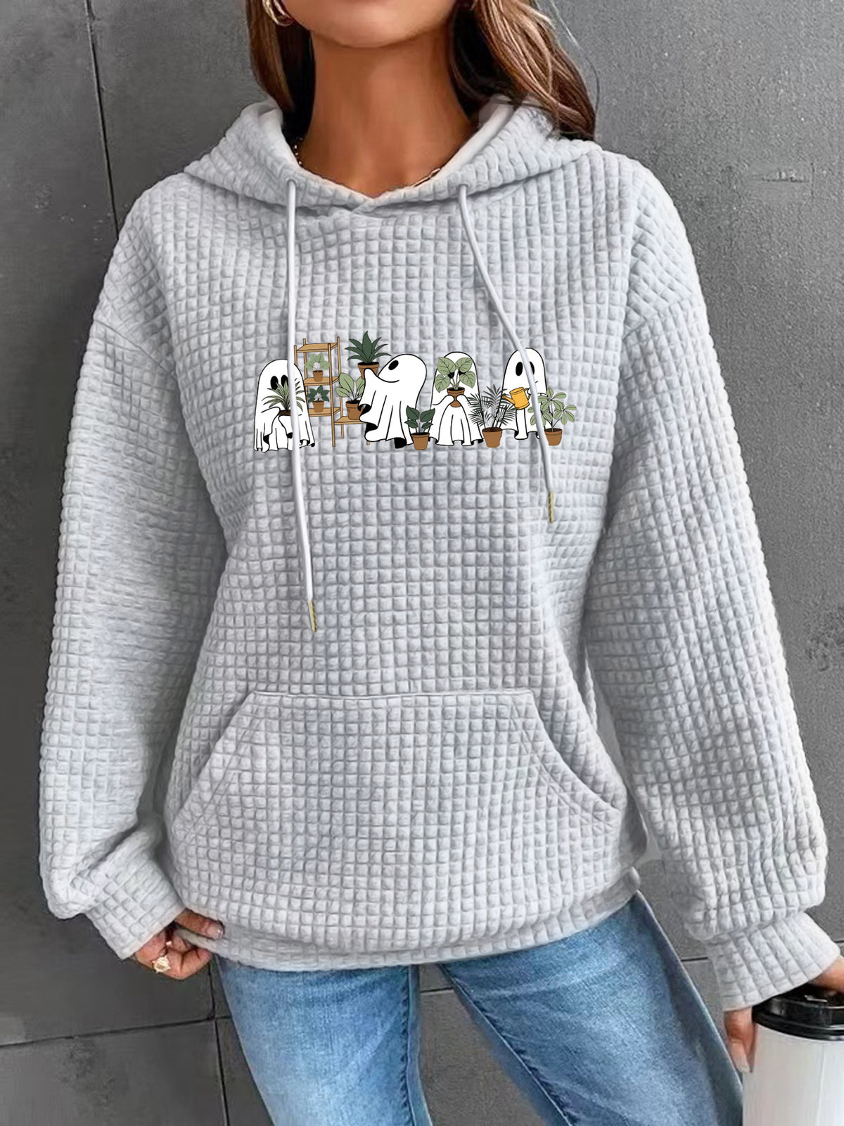 Women's Waffle Knit Halloween Ghost Graphic Hoodie with Kangaroo Pocket from Mish Mash Market