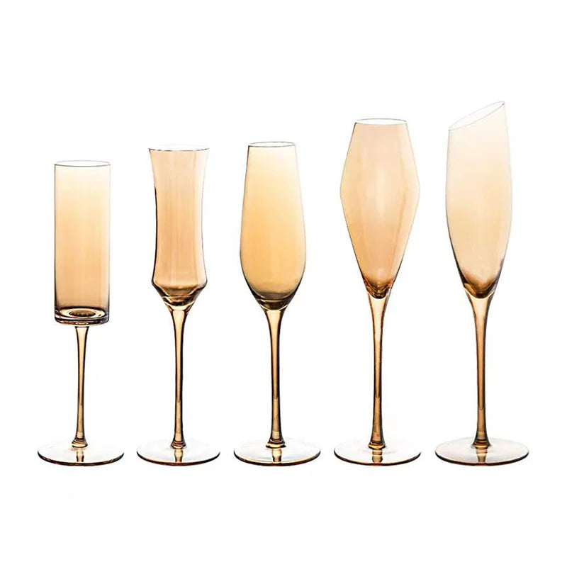 Nordic Luxury Amber Champagne Flutes – Gold Rimmed Lead-Free Crystal from Mish Mash Market
