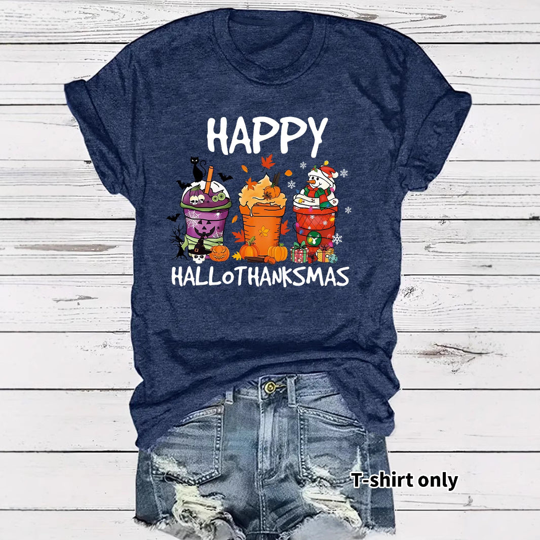 Women's Happy Hallothanksmas T-Shirt – Holiday Graphic Crew Neck Short Sleeve Top from Mish Mash Market