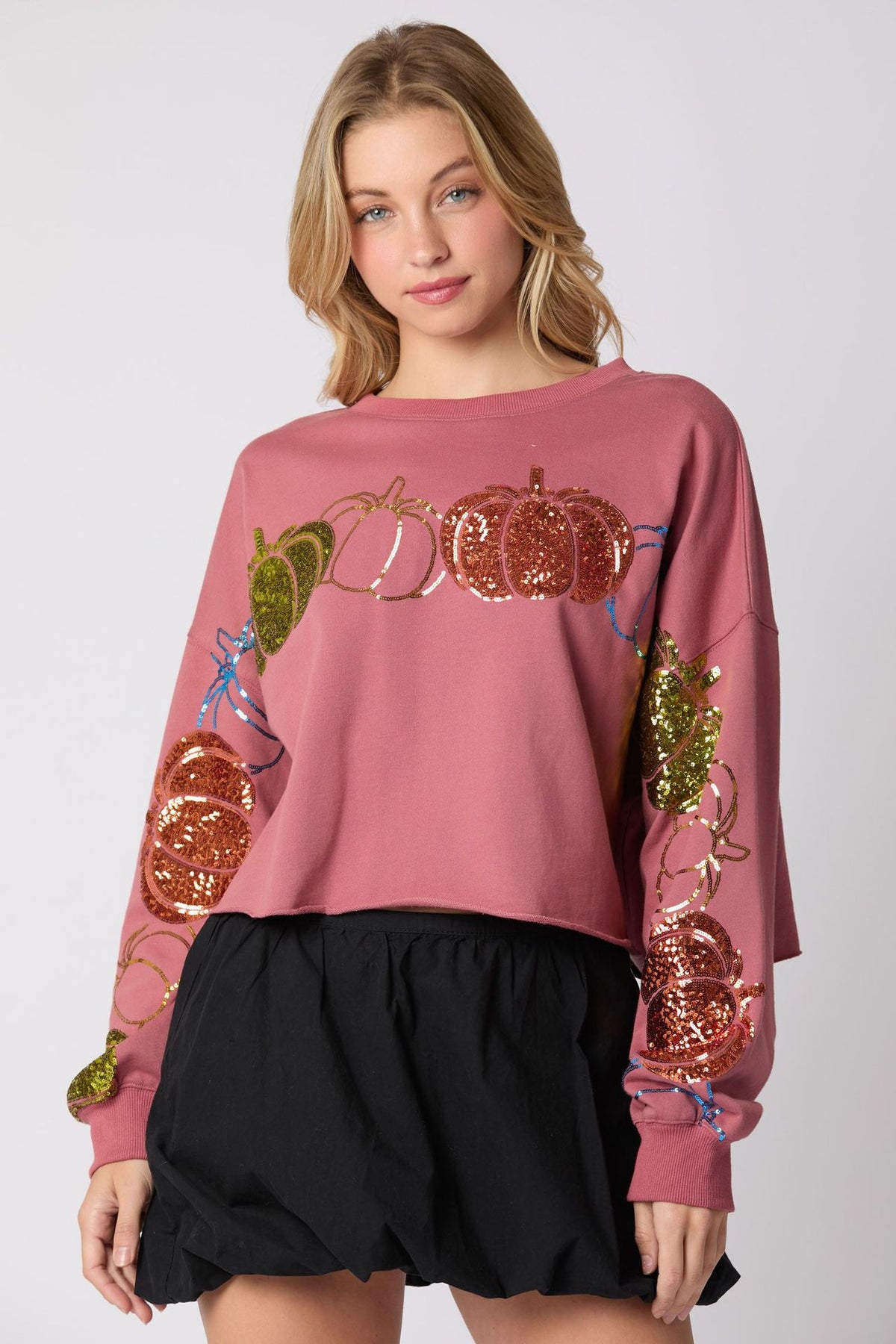 Women's Sequined Pumpkin Loose Fit Long Sleeve Pullover Sweatshirt from Mish Mash Market