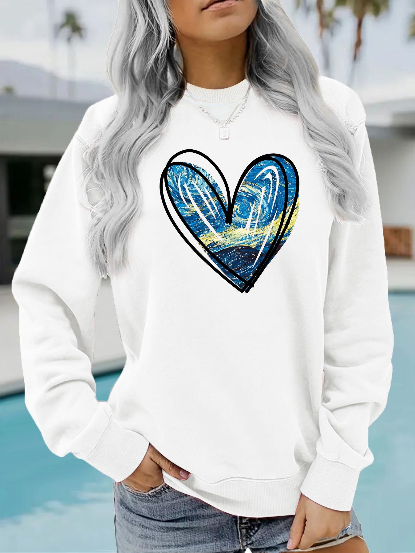Heart Print Crewneck Sweatshirt - Abstract Graphic Pullover for Women from Mish Mash Market