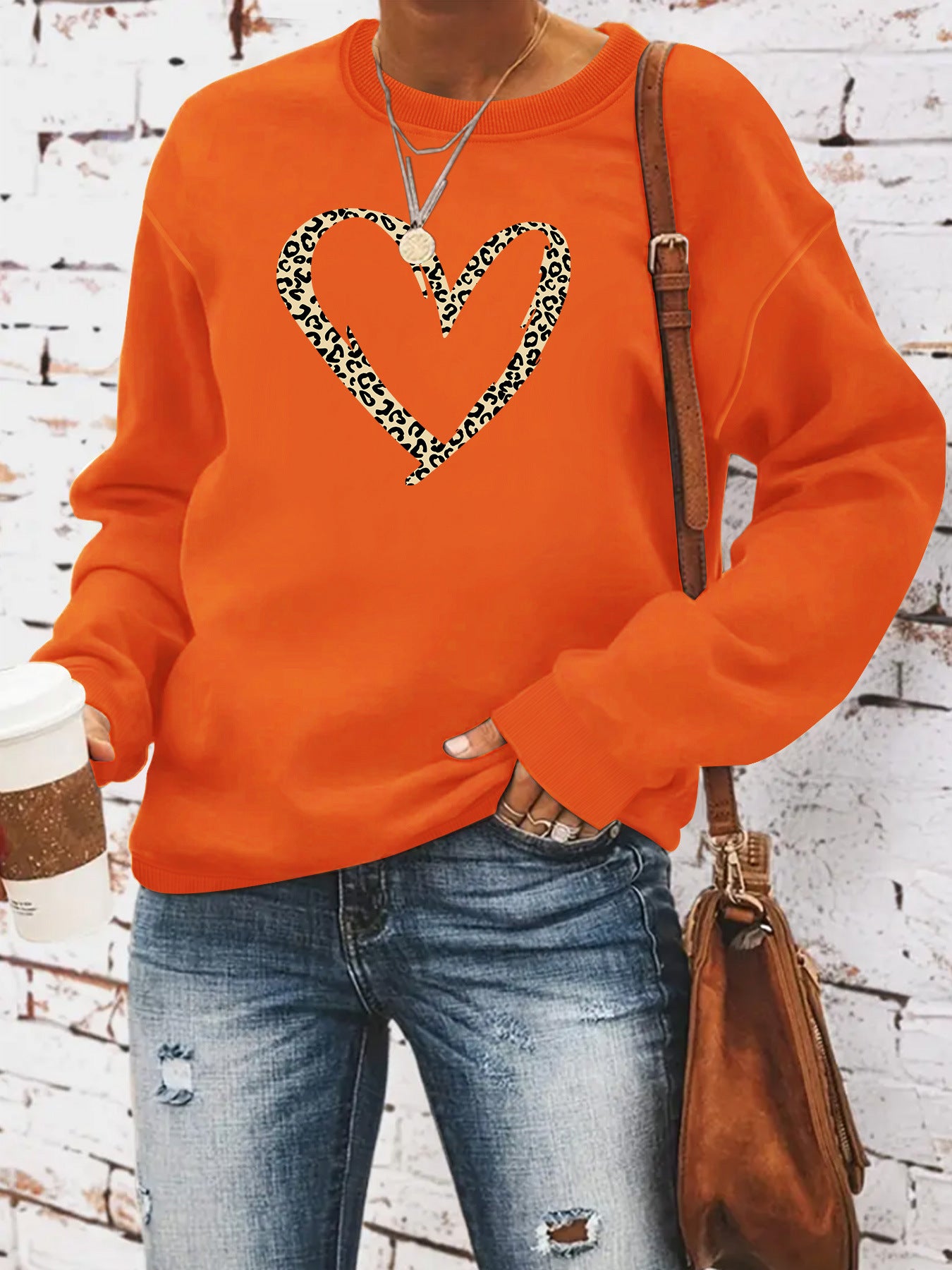 Women’s Leopard Heart Print Sweatshirt – Casual Long Sleeve Crew Neck Pullover