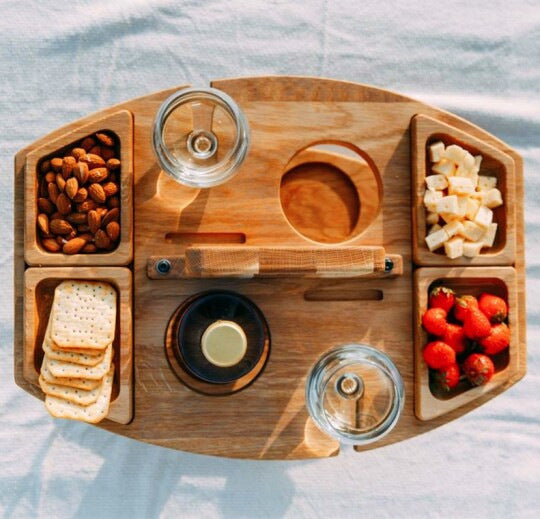 Portable Wooden Picnic Table & Wine Caddy | Outdoor Handcrafted Serving Tray