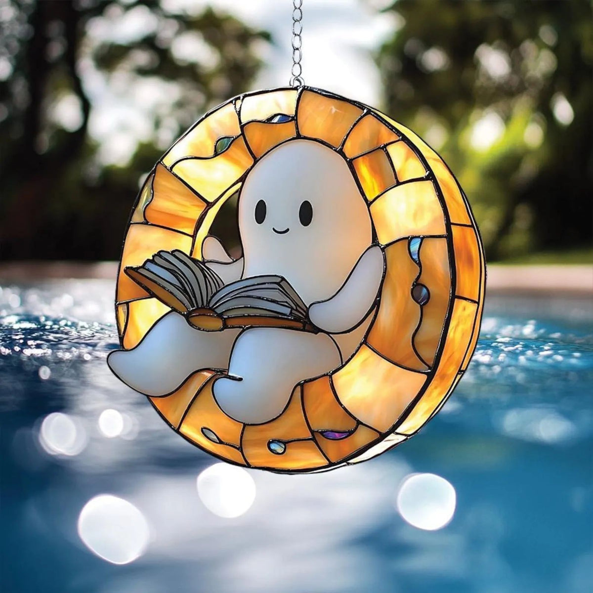 Stained Glass Ghost Reading Light Catcher Hanging Ornament - Halloween Window Decoration from Mish Mash Market