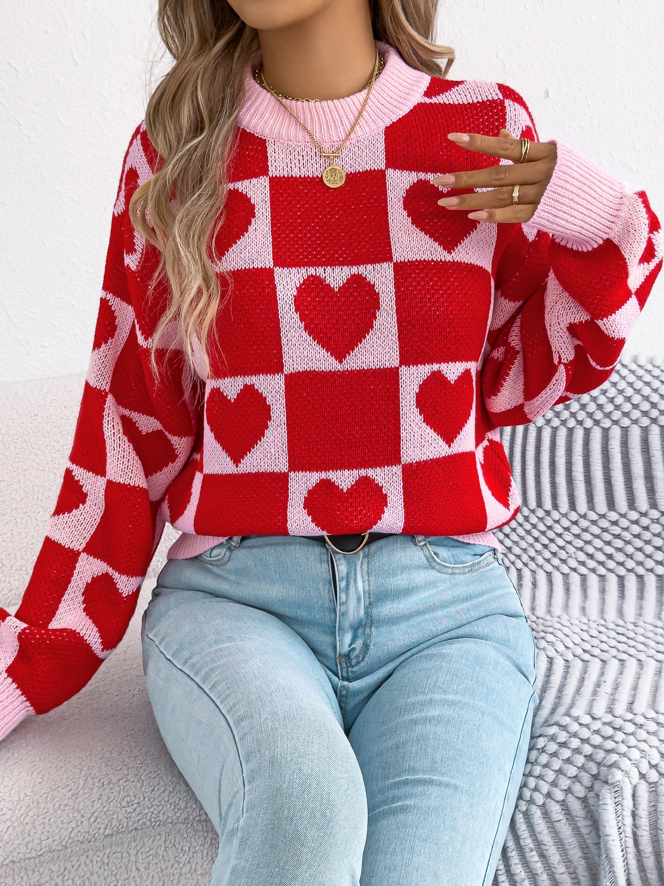 Women's Love Grid Lantern Long Sleeved Pullover – Red & White Heart Pattern Knit Sweater