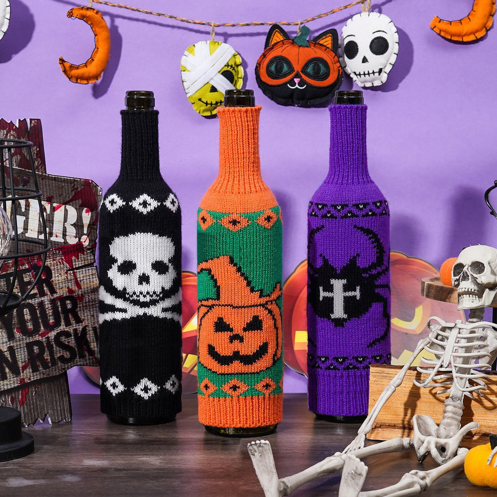 Halloween Knitted Wine Bottle Cover – Pumpkin, Skull, & Spider Table Decor from Mish Mash Market