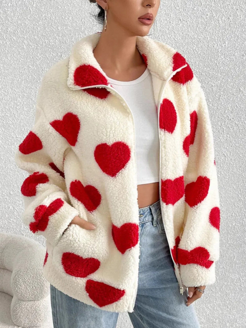 Women’s Long Sleeve Love Heart Print Zipper Cardigan Jacket – Relaxed Fit Fall Outerwear