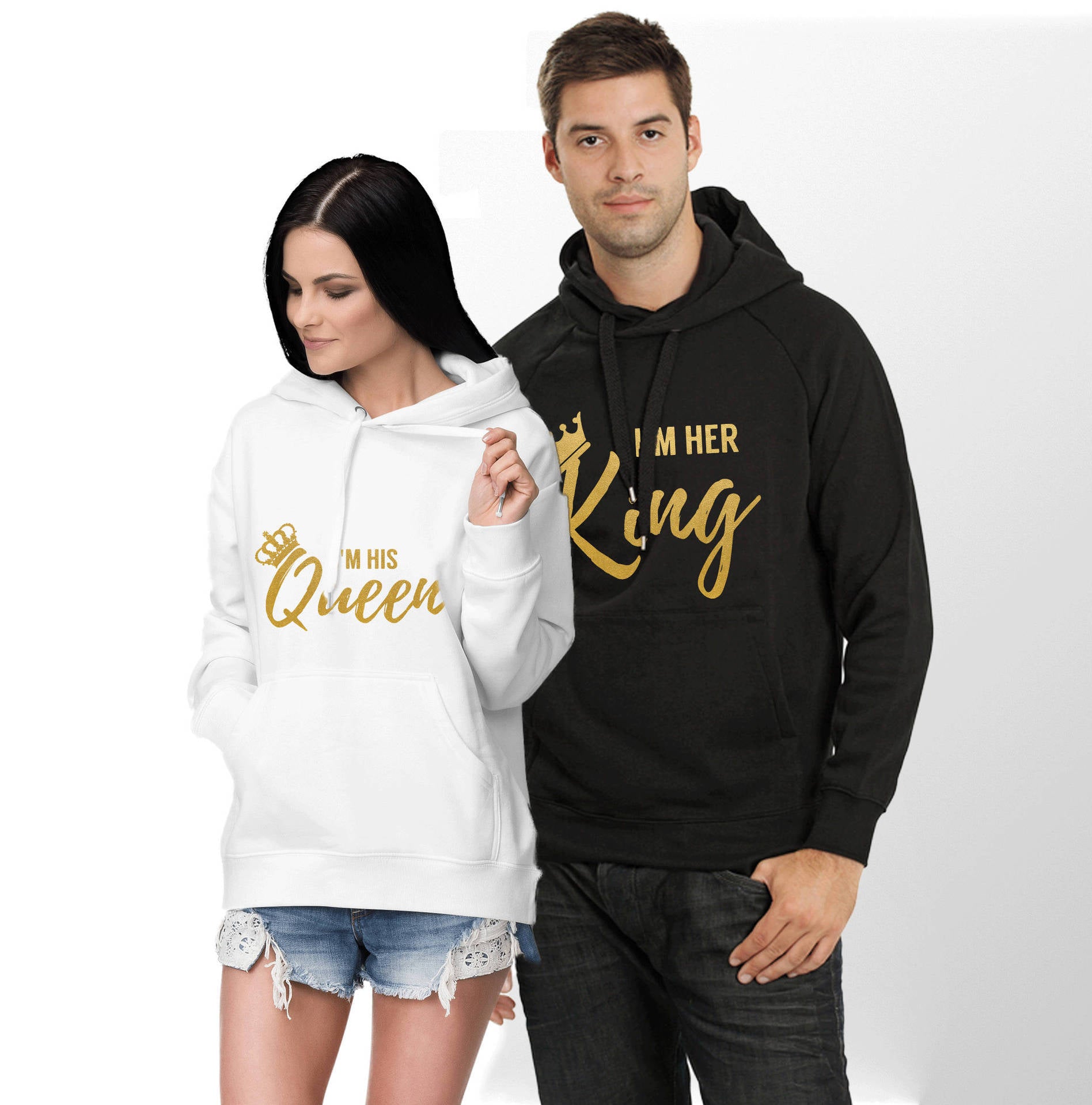 Couple Hooded Sweatshirt with Fleece Lining - I Am His King Queen Gold Letter Creative Sweatshirt from Mish Mash Market