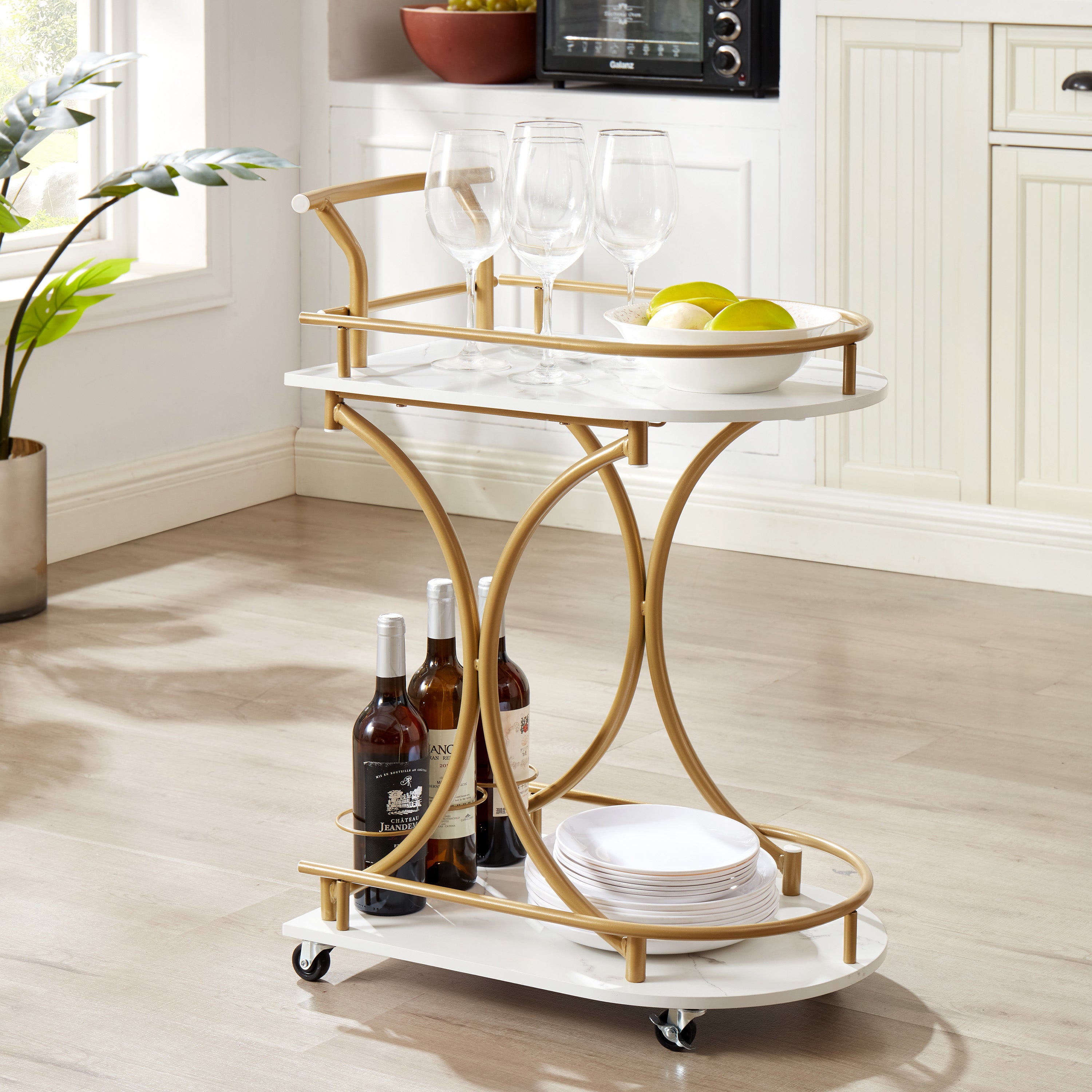 2-Tier Industrial Gold Bar Cart – Mobile Wine & Beverage Serving Trolley