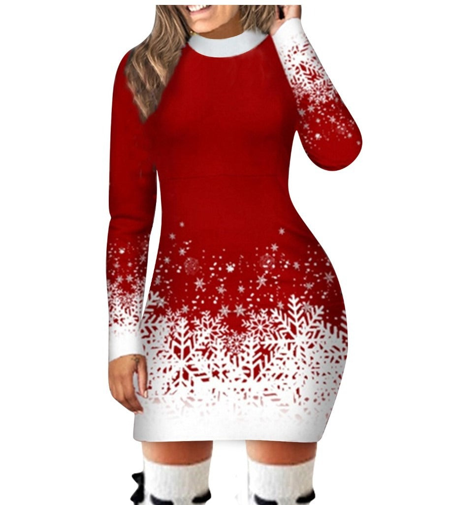 Women's Christmas Print Long Sleeve A-Line Dress