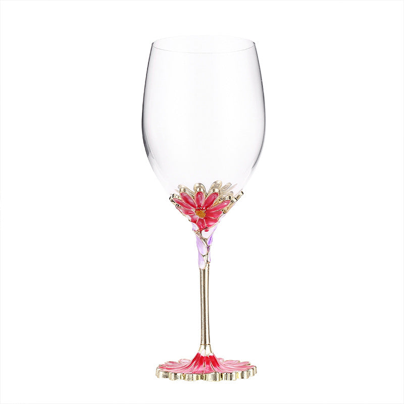 European Handcrafted Enamel Flower Motif Crystal Red Wine Glass