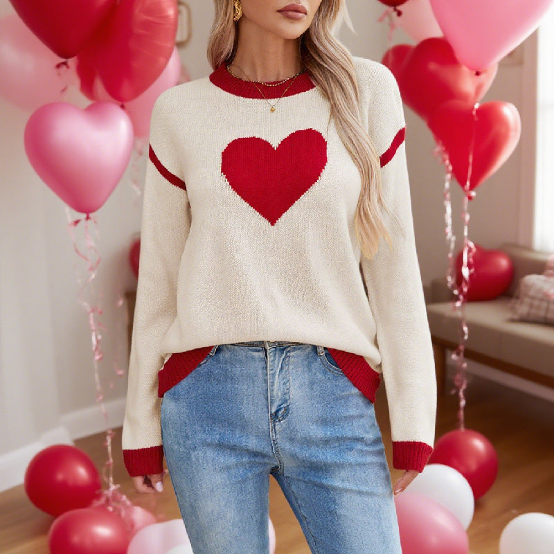 Heart Patch Knit Sweater - Women's Casual Round Neck Pullover from Mish Mash Market