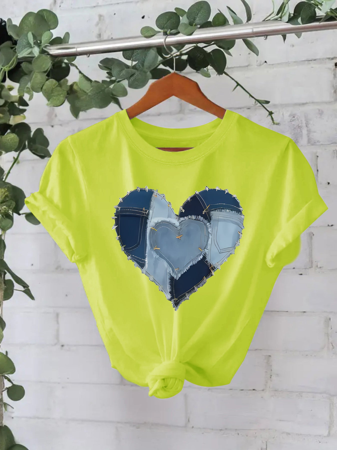 Western Cowboy Heart Graphic T-Shirt - Blue Denim Patch Print Short Sleeve Tee from Mish Mash Market