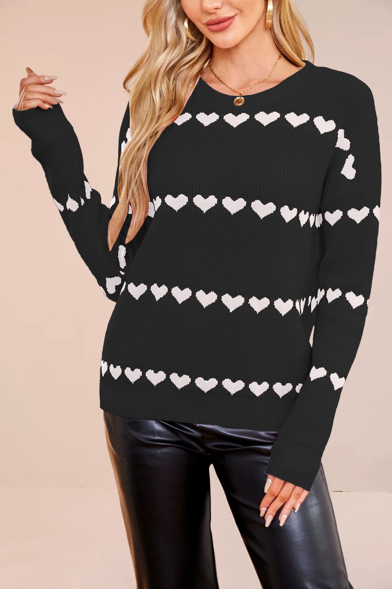 Women’s Heart Print Knitted Sweater – Casual Loose Crew Neck Pullover Knitwear