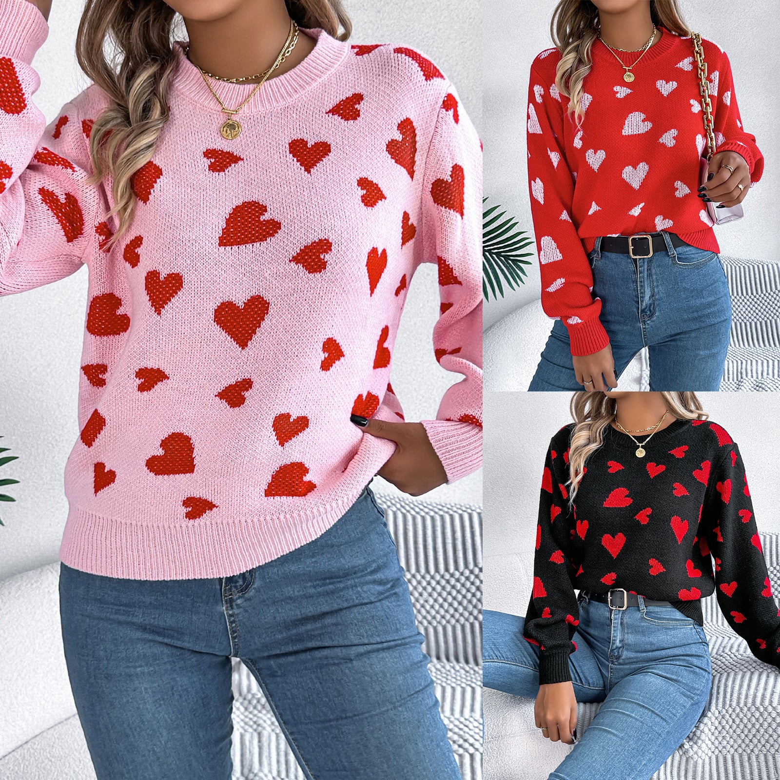 Women's Color-Blocked Love Heart Knit Sweater – Long Sleeve Lantern Sleeve Pullover