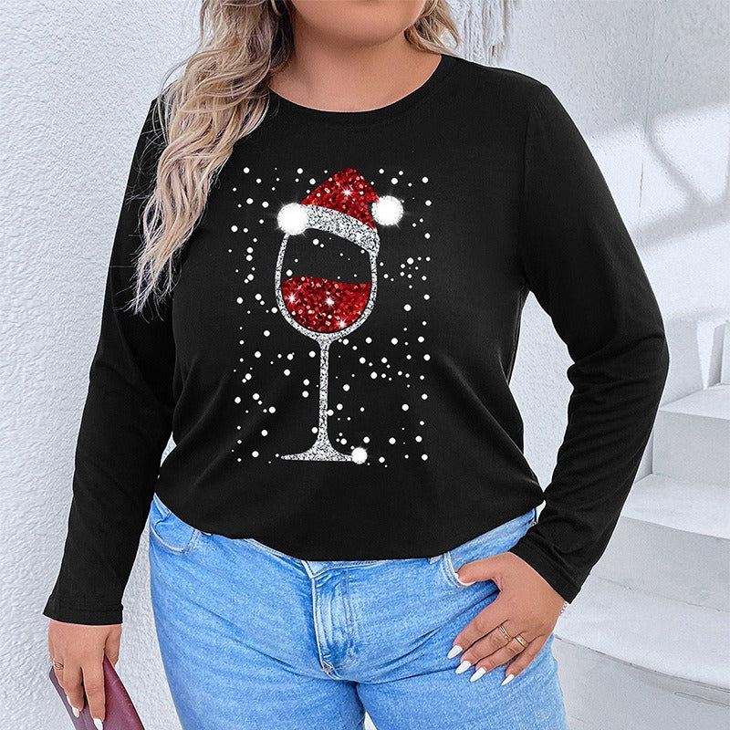 Plus Size Women's Christmas Wine Glass Long Sleeve Top