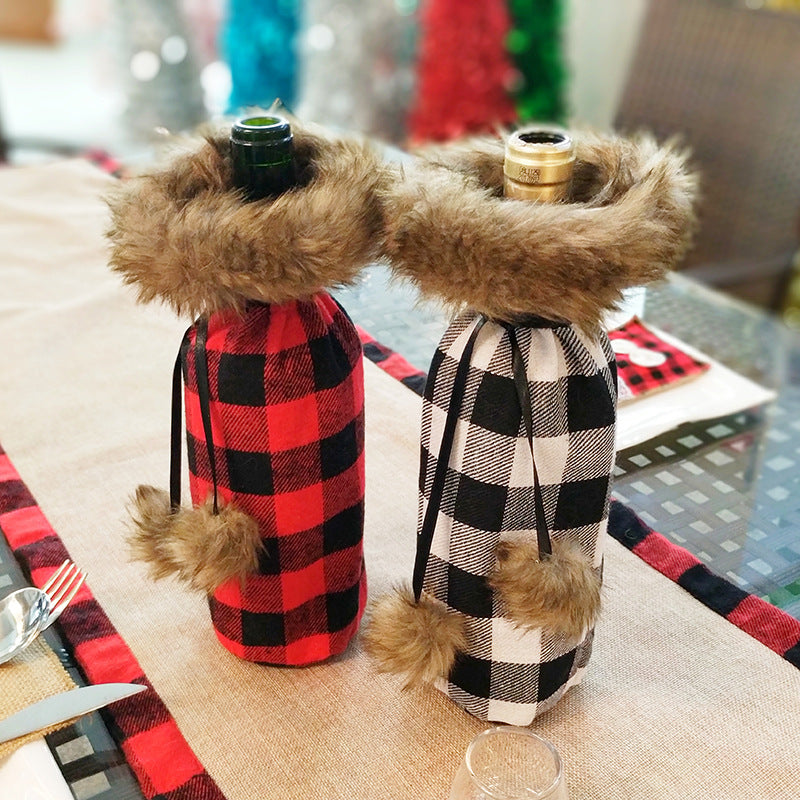 Plaid Wine Bottle Covers with Faux Fur Trim