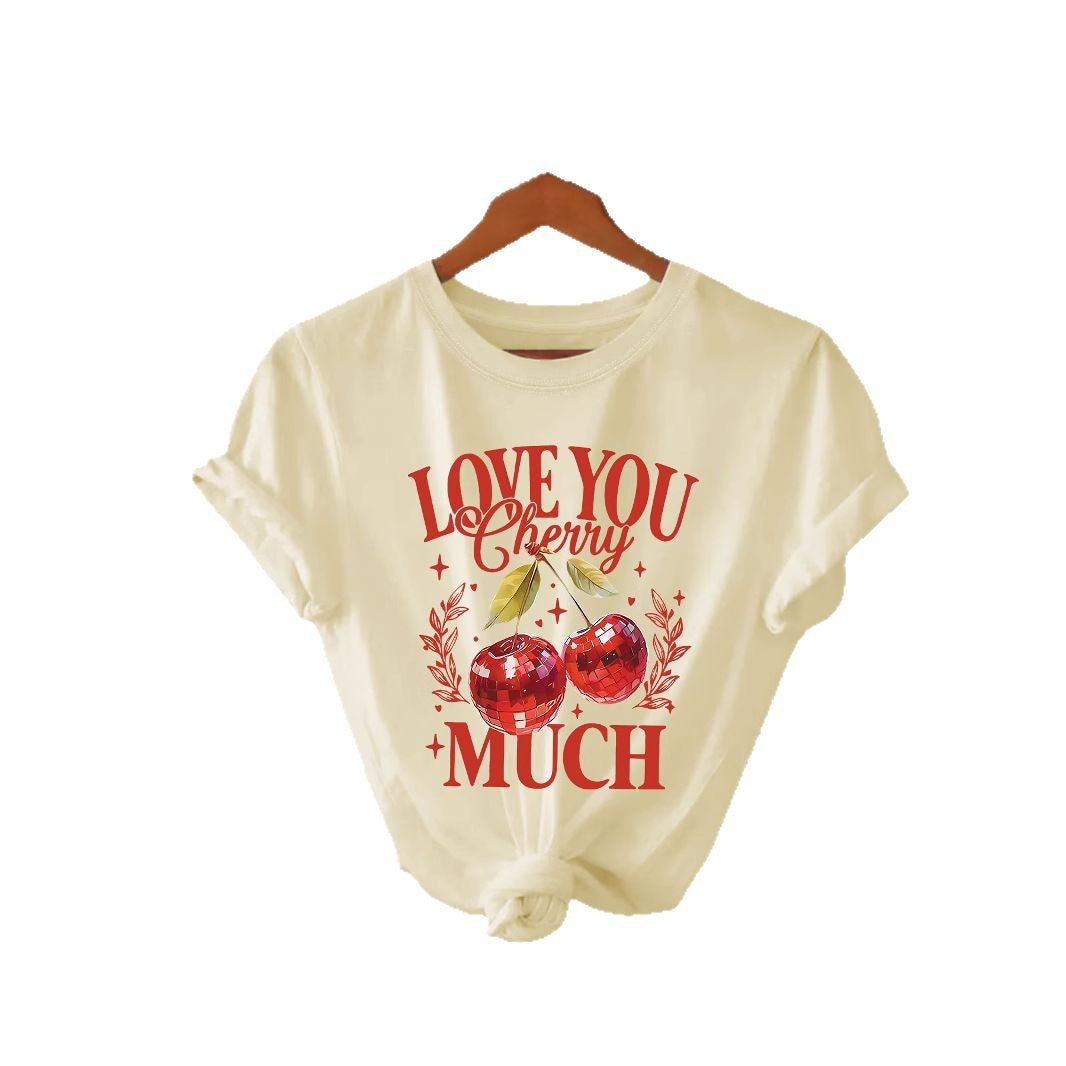 Women’s Cherry Graphic T-Shirt – Love You Cherry Much Short Sleeve Crew Neck Tee